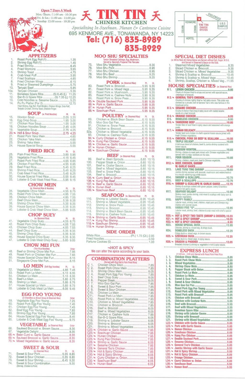 Tin Tin | restaurant | 695 Kenmore Ave, Buffalo, NY 14223, USA | 7168358989 OR +1 716-835-8989