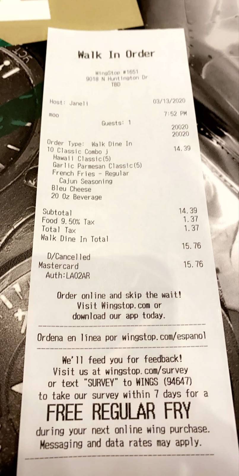 Wingstop | restaurant | 9018 Huntington Dr, San Gabriel, CA 91775, USA | 6267034447 OR +1 626-703-4447