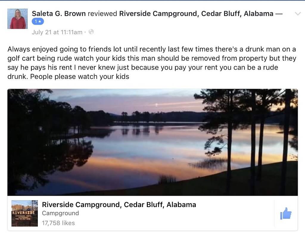 The Cove at Riverside Restaurant, Campground & Motel | restaurant | 1210 County Rd 131, Cedar Bluff, AL 35959, USA | 2567792683 OR +1 256-779-2683