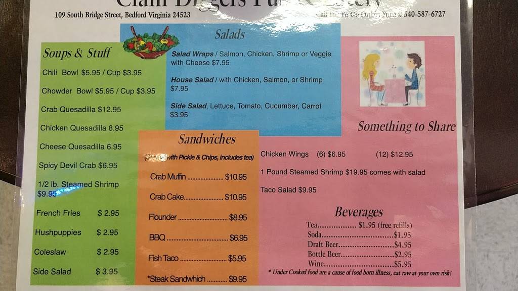 Clam Diggers Seafood | restaurant | 109 S Bridge St, Bedford, VA 24523, USA | 5405876727 OR +1 540-587-6727