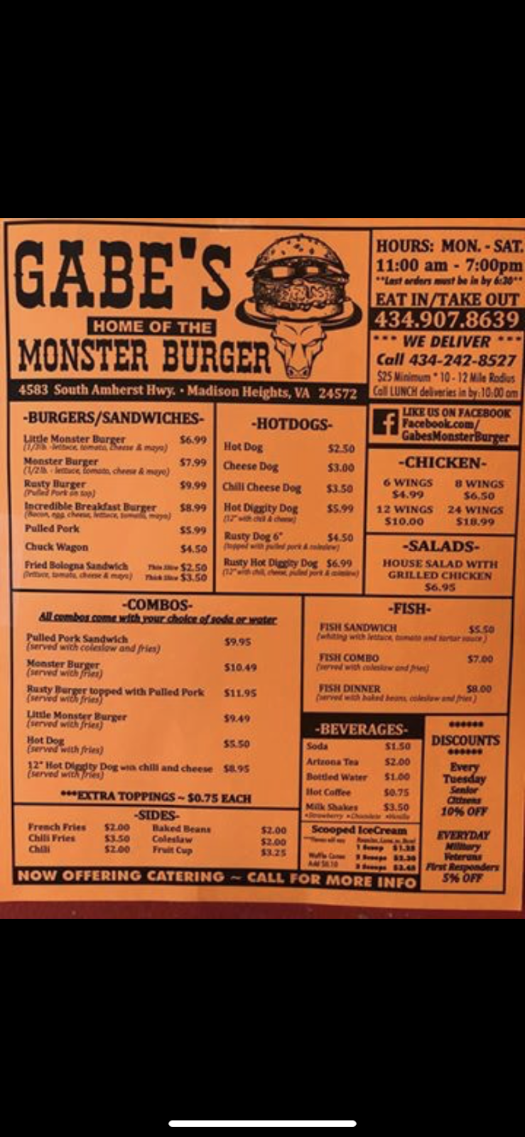 Gabe’s | restaurant | 4583 S Amherst Hwy, Madison Heights, VA 24572, USA | 4349078639 OR +1 434-907-8639