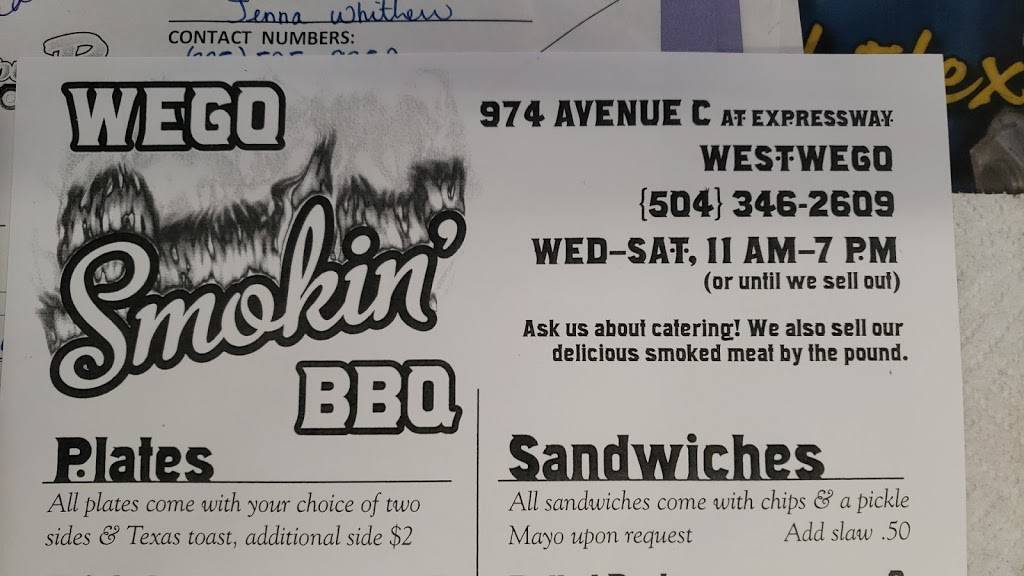 Wego Smokin Bbq | restaurant | 999-901 Ave C, Westwego, LA 70094, USA | 5043462609 OR +1 504-346-2609