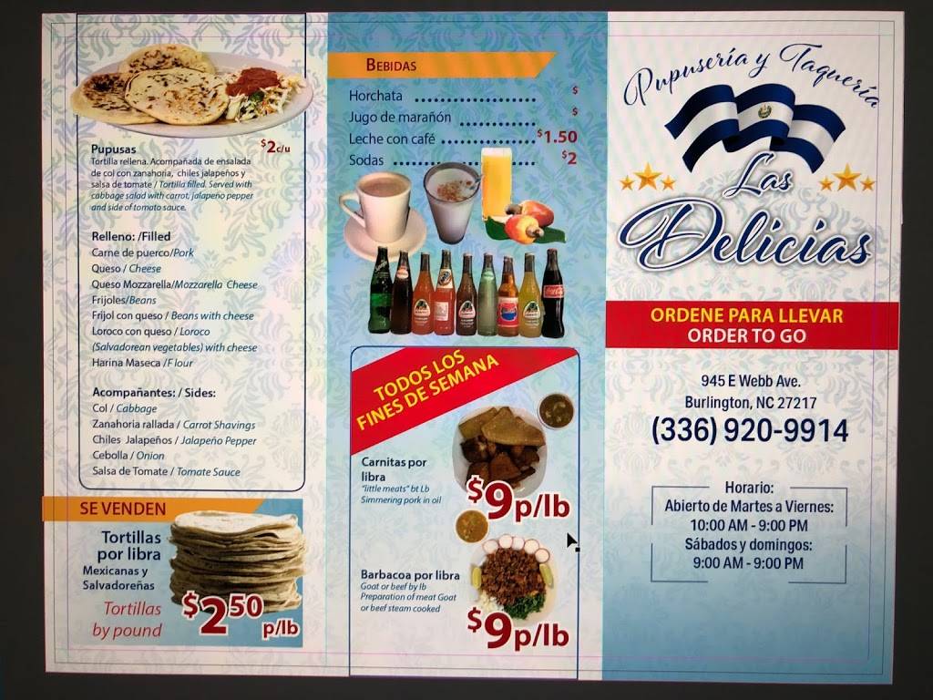 Pupuseria Y Taqueria Las Delicias Burlington | restaurant | 945 E Webb Ave, Burlington, NC 27217, USA | 3369209914 OR +1 336-920-9914