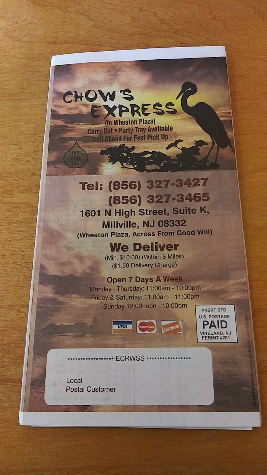 Chows Express | restaurant | 1525 N High St #4, Millville, NJ 08332, USA | 8563273427 OR +1 856-327-3427