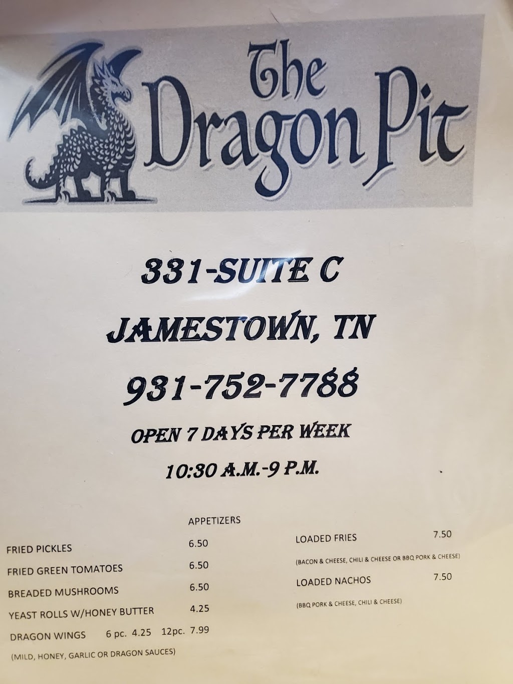 The Dragon Pit | restaurant | 331 N Main St, Jamestown, TN 38556, USA | 9317527788 OR +1 931-752-7788