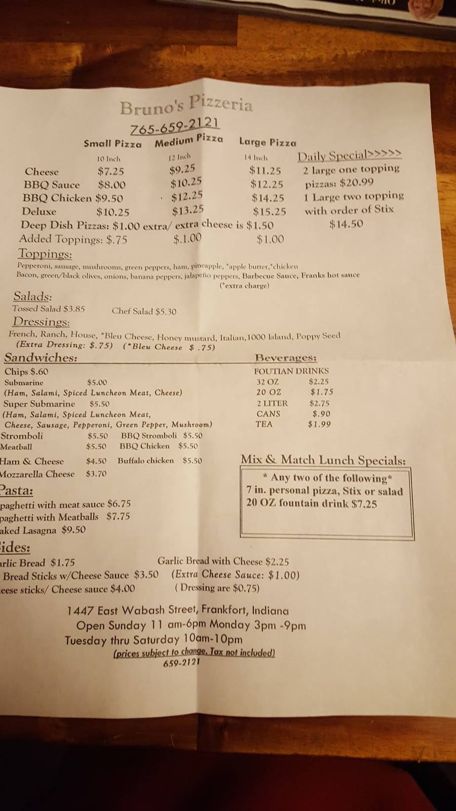 Brunos Pizzeria | restaurant | 1447 E Wabash St, Frankfort, IN 46041, USA | 7656592121 OR +1 765-659-2121