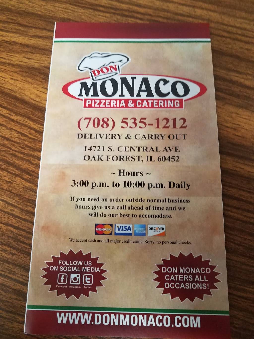 Don Monaco Pizzeria & Catering | restaurant | 14721 Central Ave, Oak Forest, IL 60452, USA | 7085351212 OR +1 708-535-1212