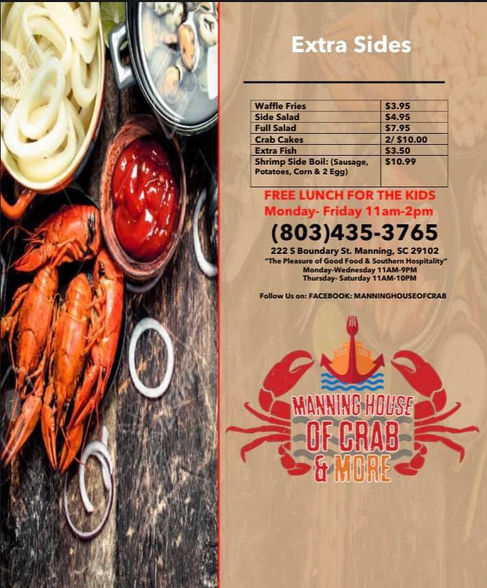 Manning House of Crab & More | restaurant | 222 S Boundary St, Manning, SC 29102, USA | 8034353765 OR +1 803-435-3765
