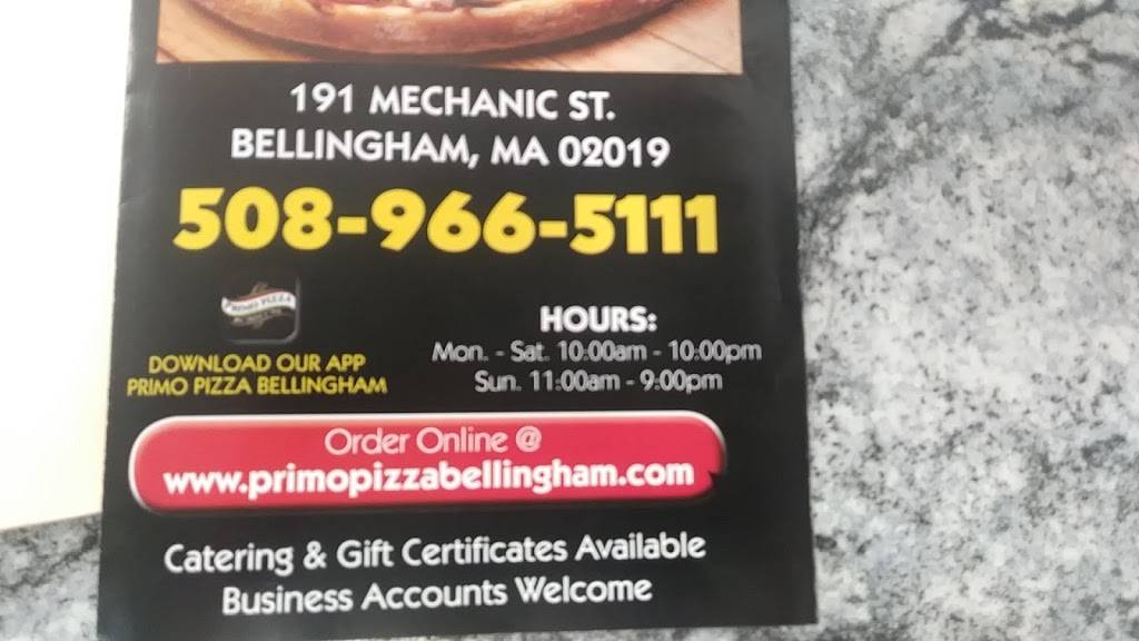Primo pizza | meal delivery | 191 Mechanic St, Bellingham, MA 02019, USA | 5089665111 OR +1 508-966-5111