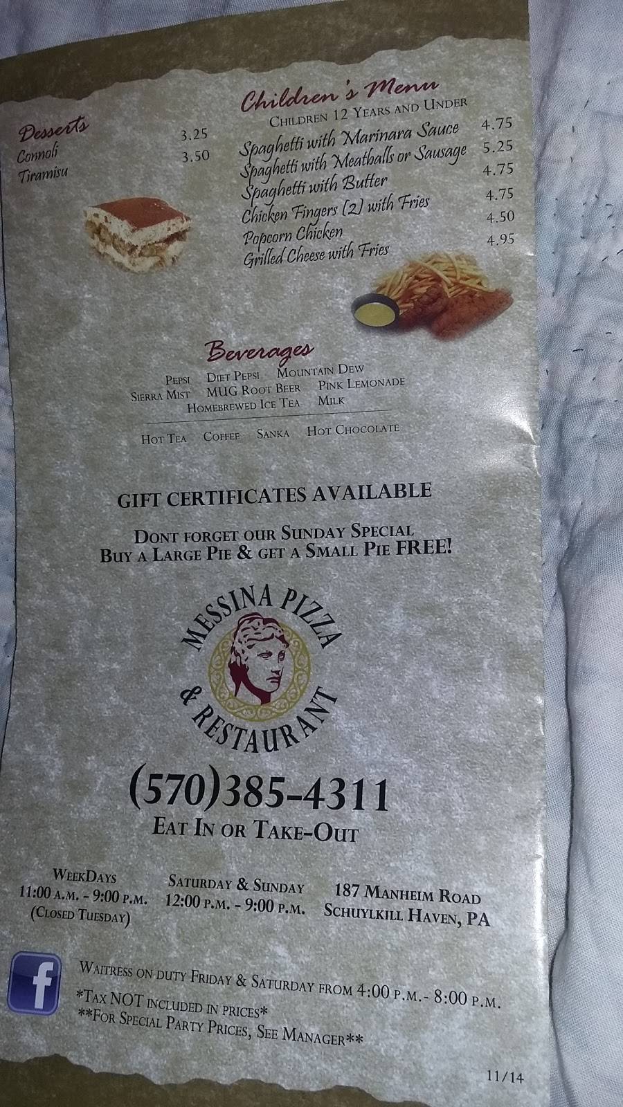 Messinas Pizza | restaurant | 191 Manheim Rd, Schuylkill Haven, PA 17972, USA | 5703854311 OR +1 570-385-4311