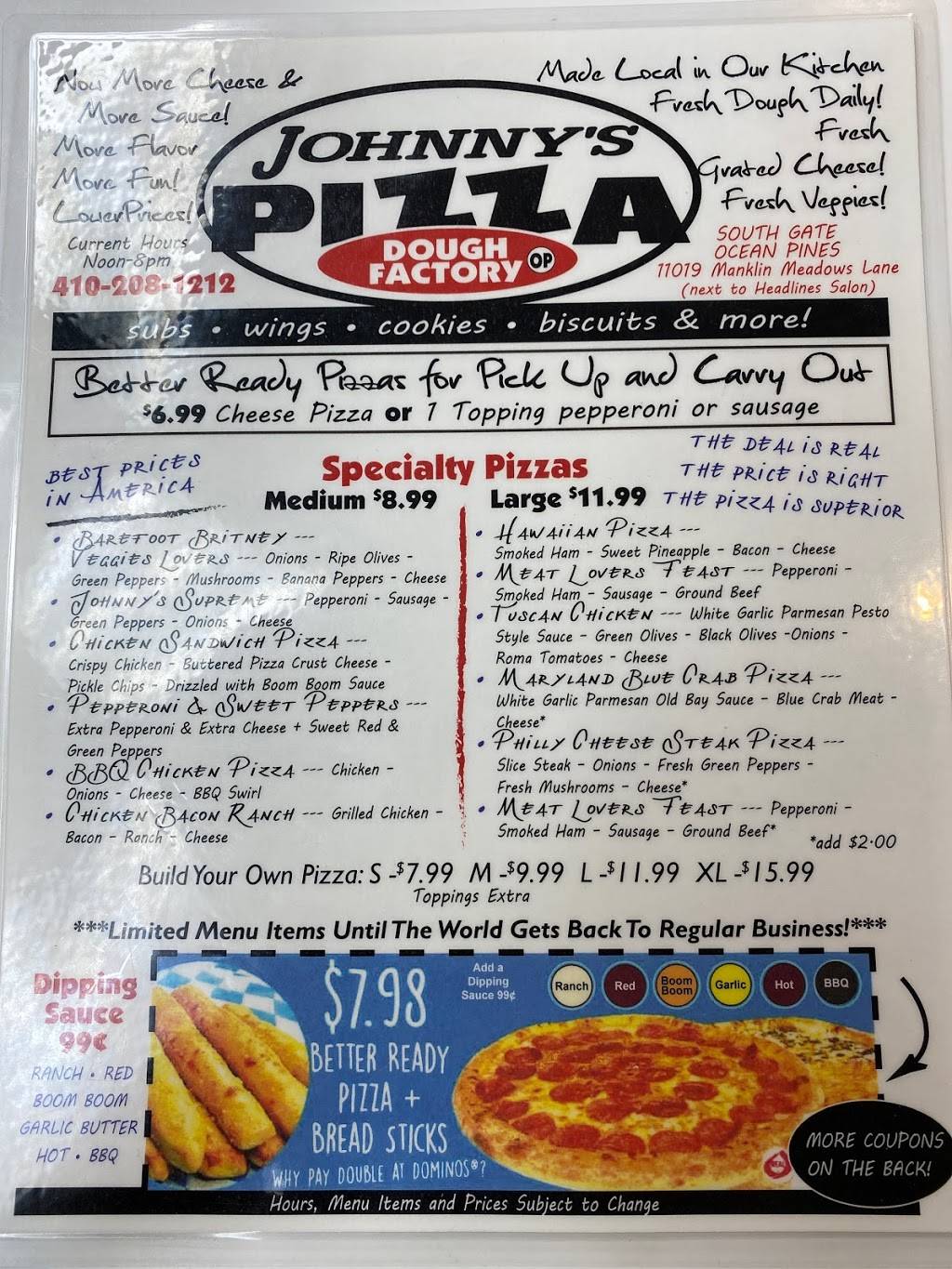 Johnny’s Pizza Ocean pines | meal delivery | 11019 Manklin Meadows Ln, Ocean Pines, MD 21811, USA | 4102081212 OR +1 410-208-1212