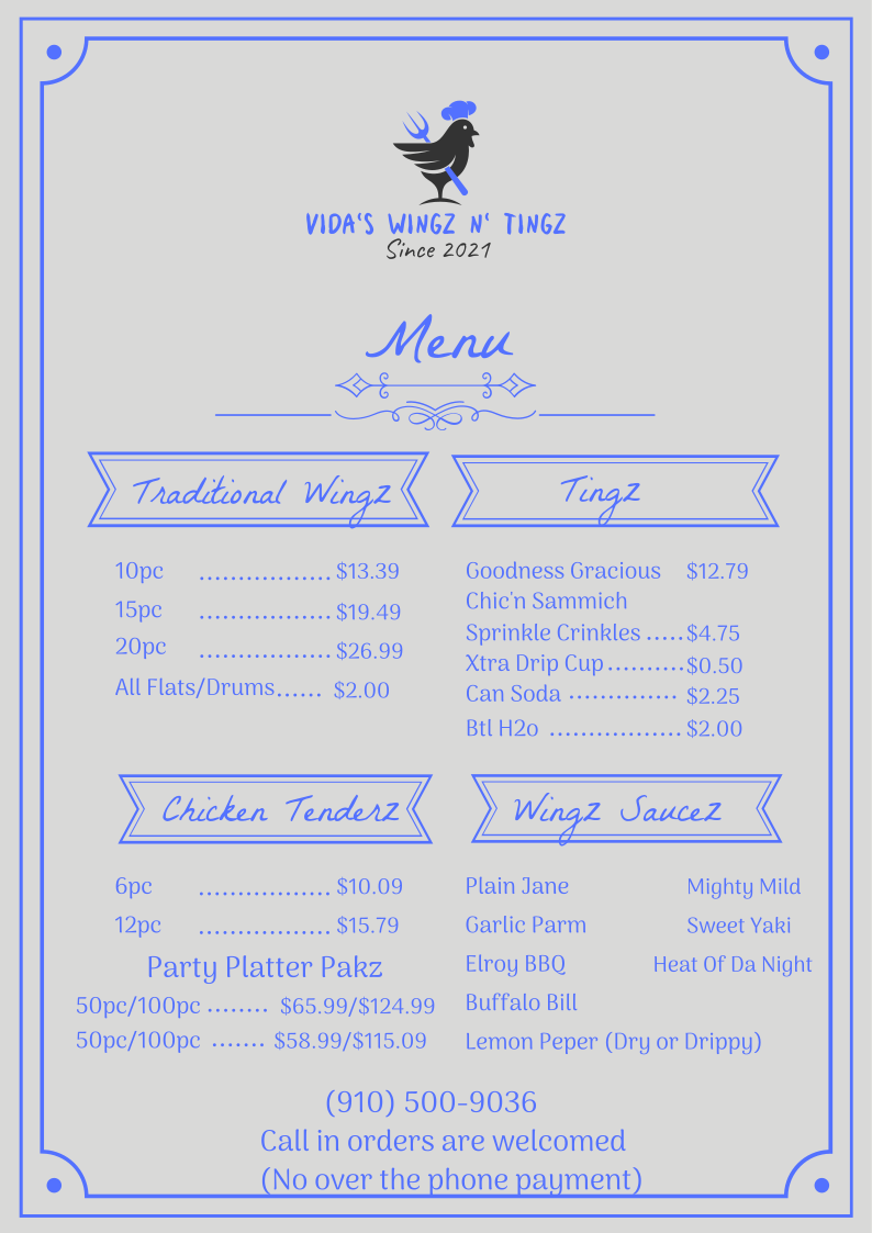 Vidas Wingz N Tingz | restaurant | 610 Cedar Creek Rd #107, Fayetteville, NC 28312, USA | 9105009036 OR +1 910-500-9036