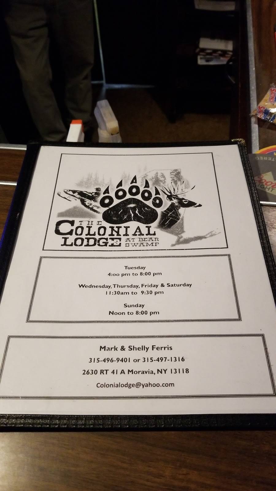 Colonial Lodge | restaurant | 2630 NY-41A, Moravia, NY 13118, USA | 3154969401 OR +1 315-496-9401