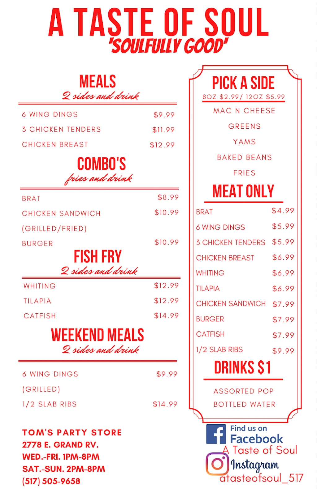 A Taste of Soul | restaurant | 2778 E Grand River Ave, East Lansing, MI 48823, USA | 5175059658 OR +1 517-505-9658