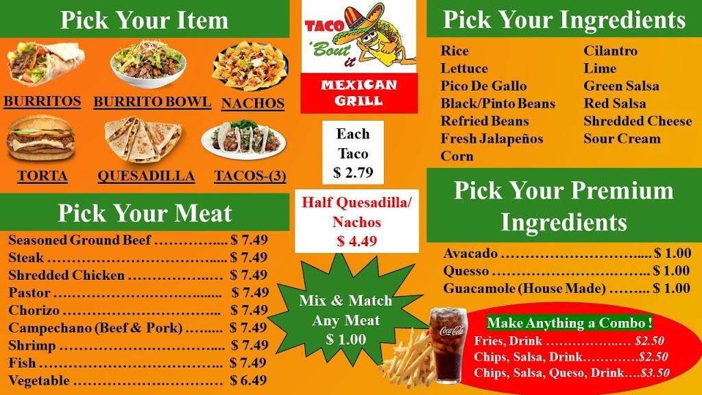 Taco Bout It | restaurant | 101 George Roy Pkwy, Calera, AL 35040, USA | 2056908554 OR +1 205-690-8554