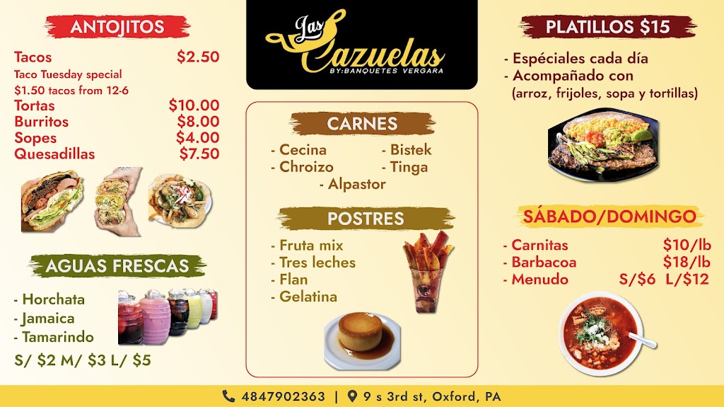 las cazuelas | restaurant | 9 S 3rd St, Oxford, PA 19363, USA | 4847902363 OR +1 484-790-2363