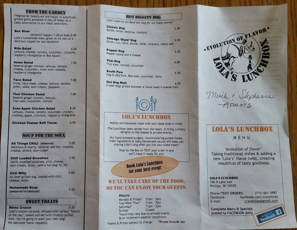 Lolas Lunchbox | restaurant | 396 N Lake St, Phillips, WI 54555, USA | 7156613990 OR +1 715-661-3990