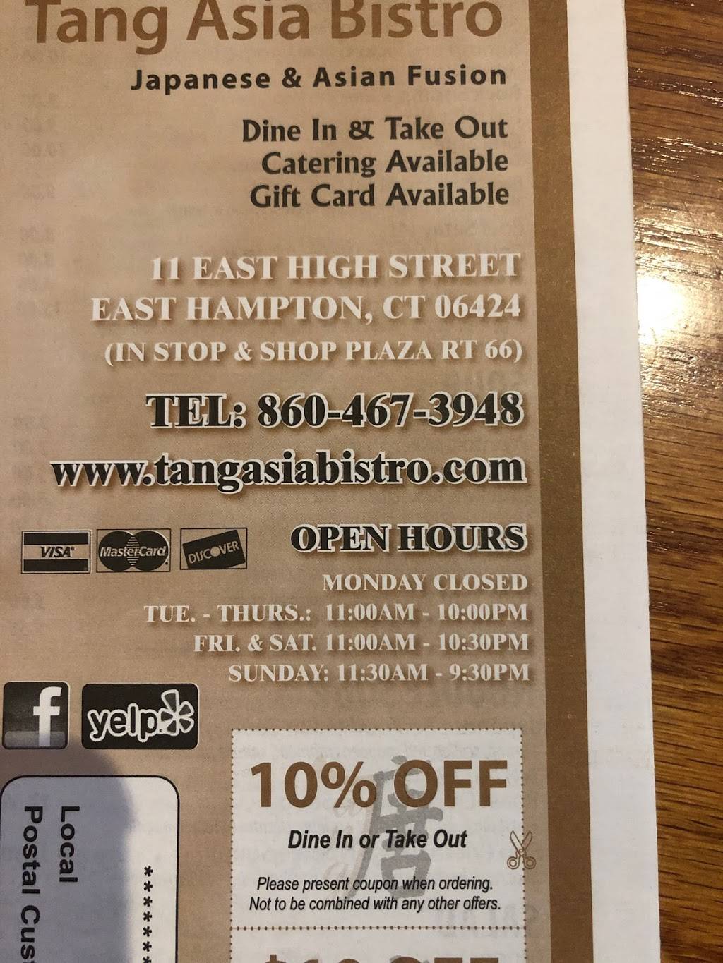 Tang Asia Bistro | restaurant | 11 E High St, East Hampton, CT 06424, USA | 8604673948 OR +1 860-467-3948