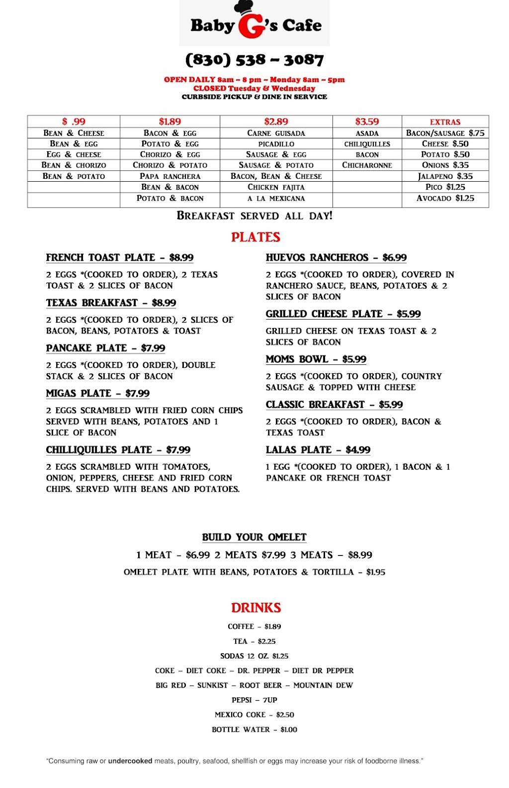 Baby Gs Café | restaurant | 1007 US-90, Castroville, TX 78009, USA | 8305383087 OR +1 830-538-3087