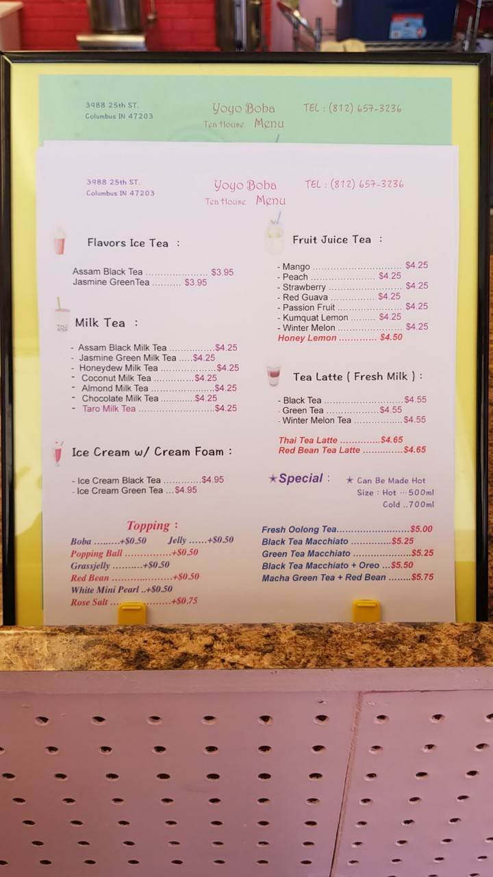 Yoyo Boba Teahouse | restaurant | 3988 25th St, Columbus, IN 47203, USA | 8126573236 OR +1 812-657-3236