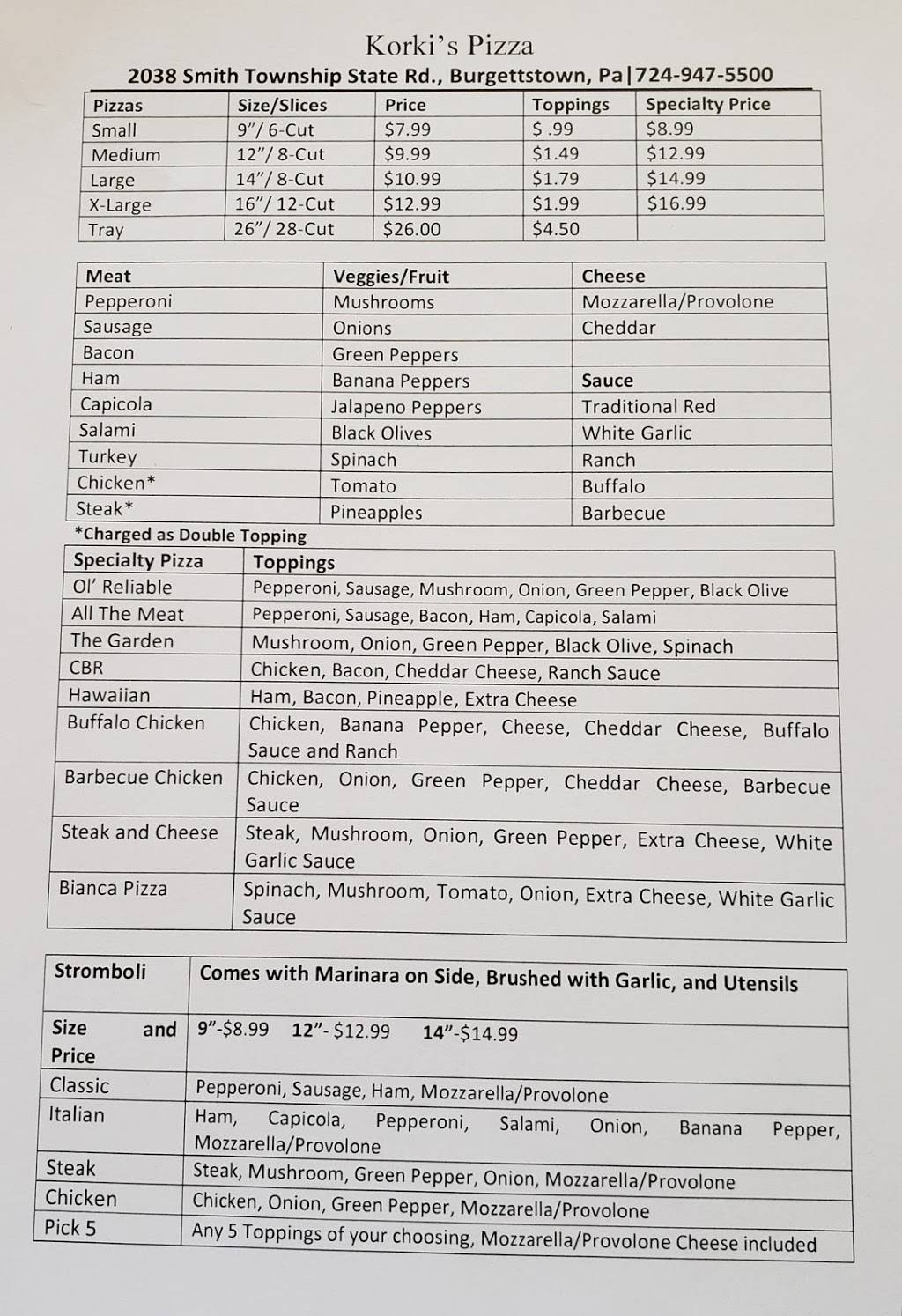 Korkis Pizza | restaurant | 2038 Smith Township State Rd, Burgettstown, PA 15021, USA | 7249475500 OR +1 724-947-5500
