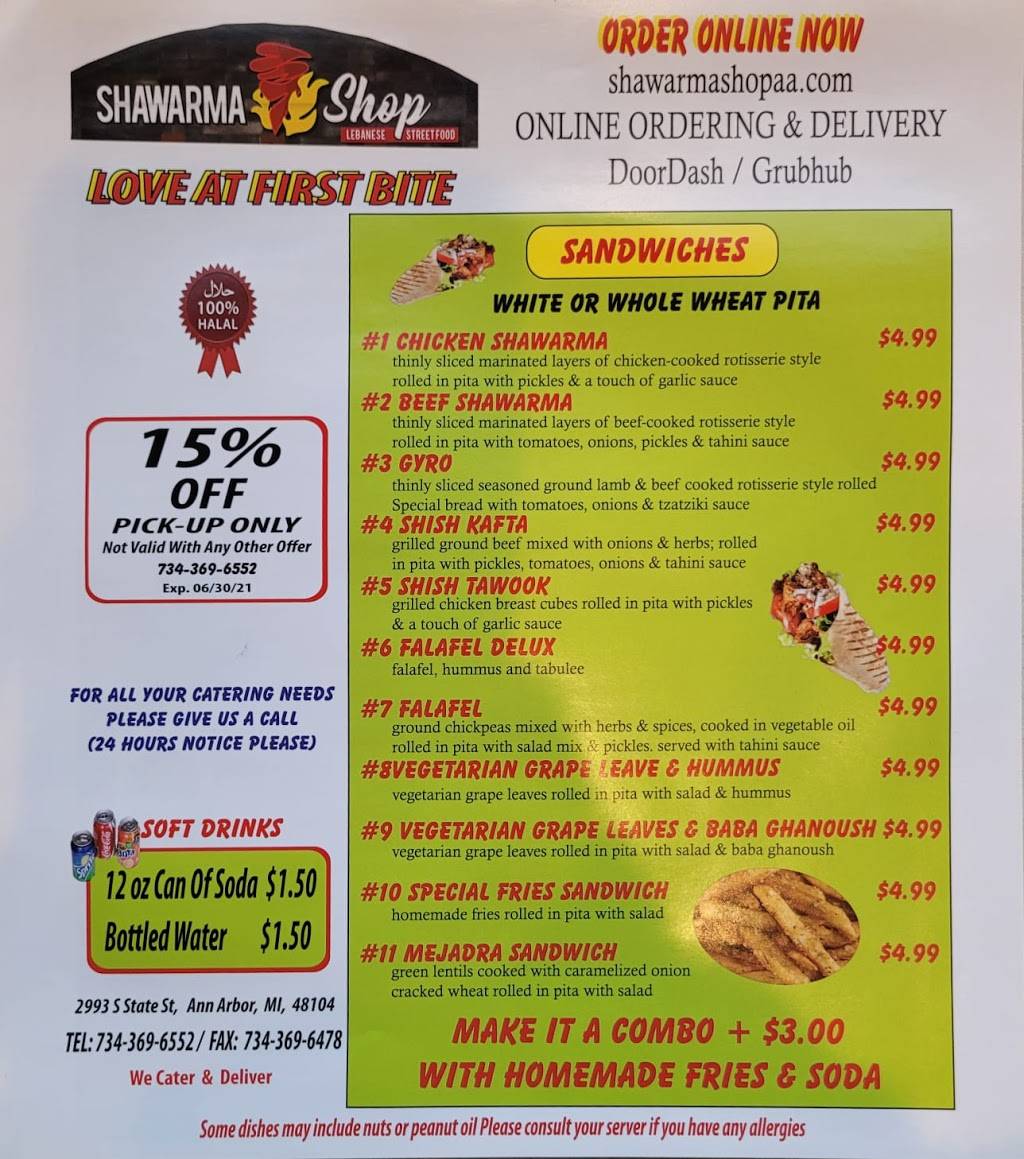Shawarma Shop | restaurant | 2993 S State St, Ann Arbor, MI 48104, USA | 7343696552 OR +1 734-369-6552