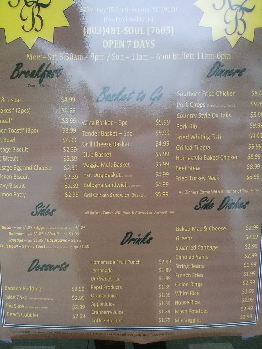 RB2 Soul Food Restaurant | restaurant | 1779 US-15, Sumter, SC 29150, USA | 8034817685 OR +1 803-481-7685