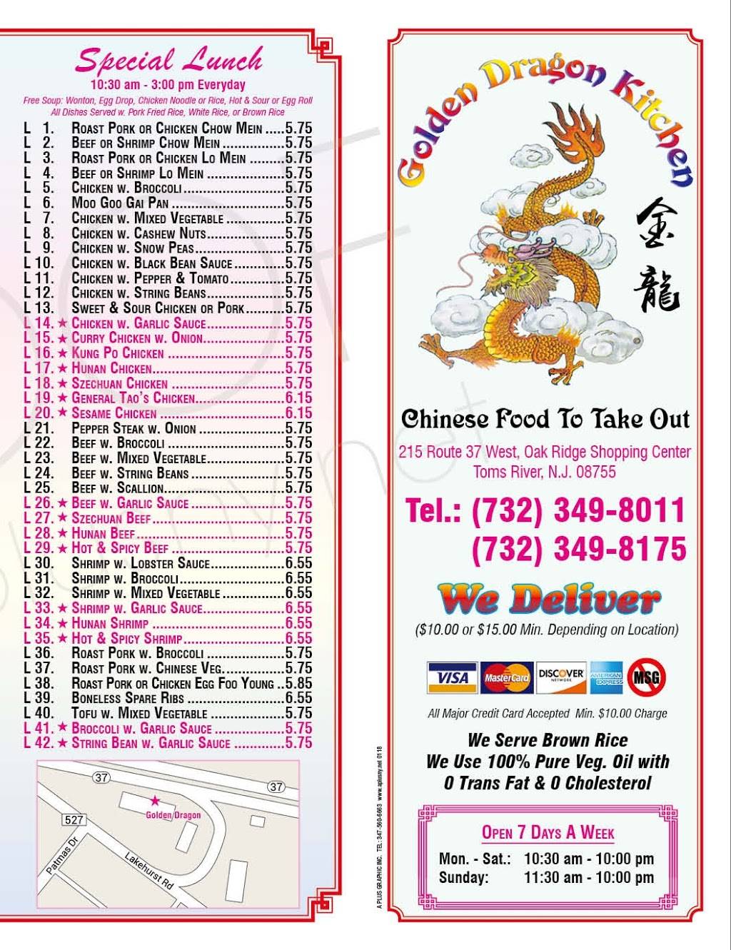 Golden Dragon Kitchen | meal takeaway | 6, 8058, 215 Rte 37 W, Toms River, NJ 08755, USA | 7323498011 OR +1 732-349-8011