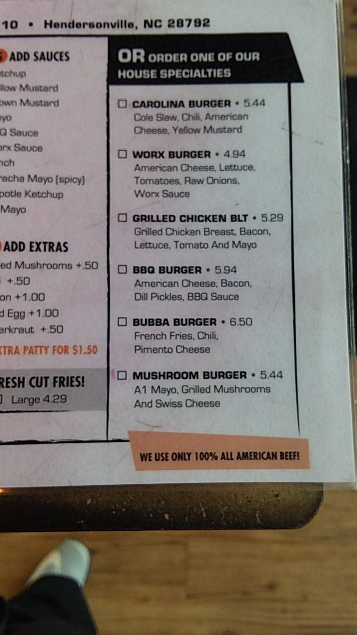 Burgerworx | restaurant | 638 Spartanburg Hwy, Hendersonville, NC 28792, USA | 8285959800 OR +1 828-595-9800