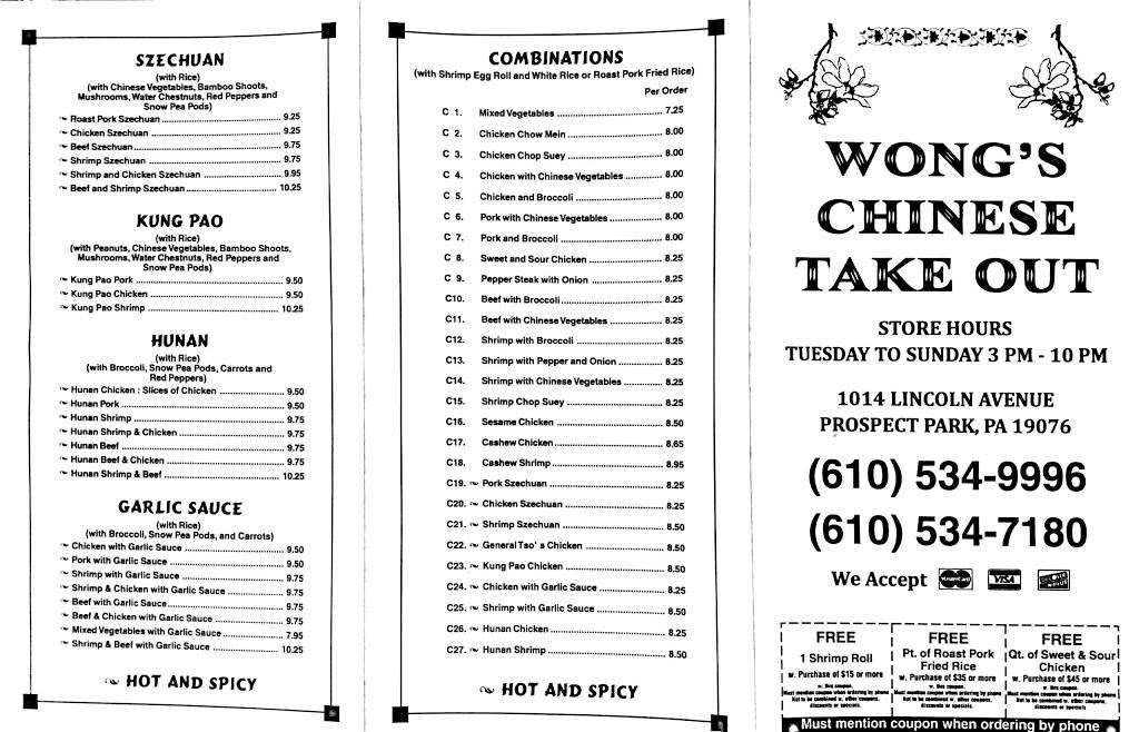 Wongs Take Out | meal takeaway | 2218, 1014 Lincoln Ave, Prospect Park, PA 19076, USA | 6105349996 OR +1 610-534-9996