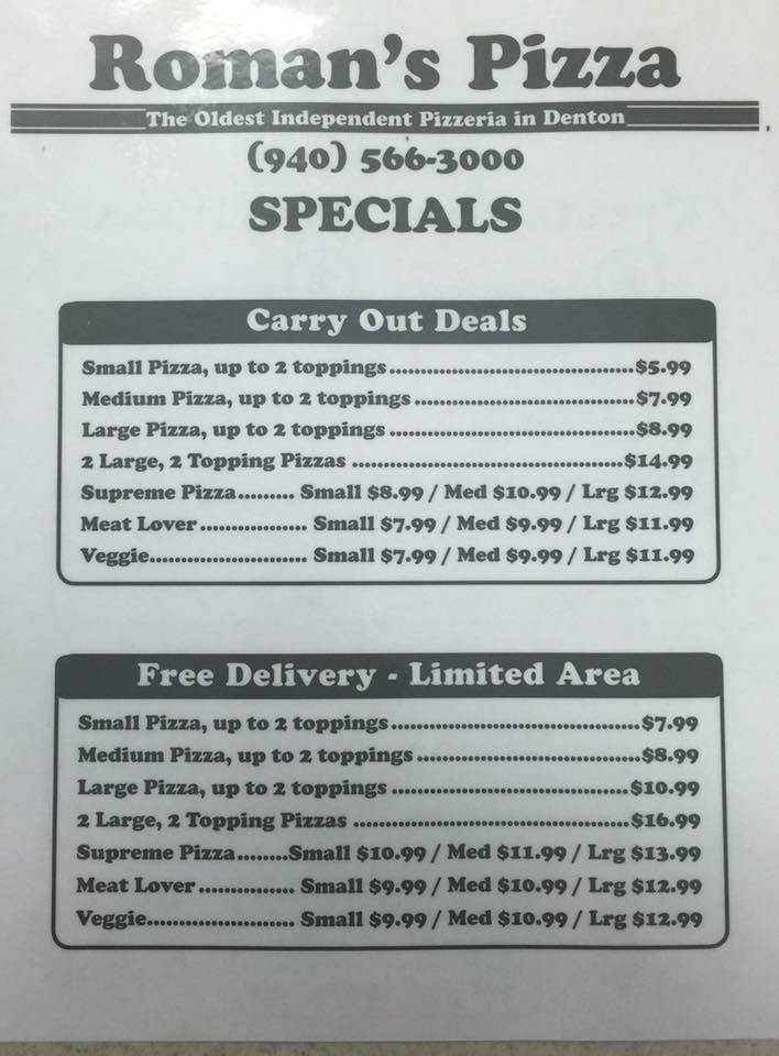 Romans Pizza | restaurant | 3001 N Elm St #200, Denton, TX 76207, USA | 9405663000 OR +1 940-566-3000