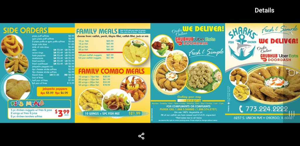 Sharks fish and chicken | restaurant | 6237 S Union Ave, Chicago, IL 60621, USA | 7732242222 OR +1 773-224-2222