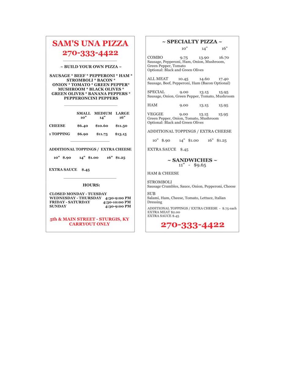 Sams Una Pizza Sturgis, KY | restaurant | Main St, Sturgis, KY 42459, USA | 2703334422 OR +1 270-333-4422