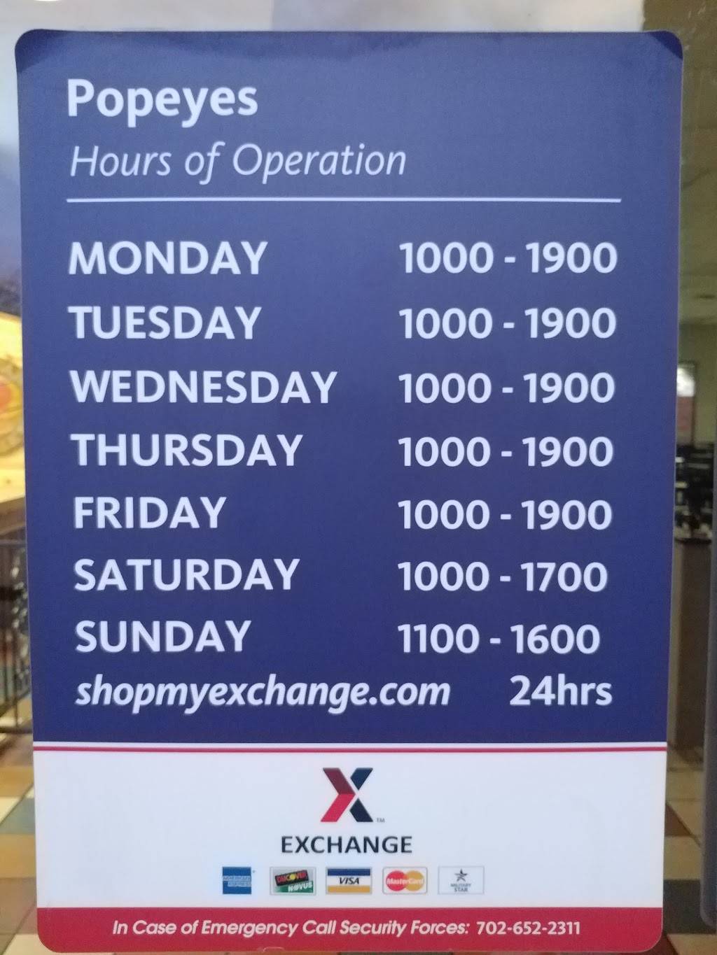 Popeyes Chicken | restaurant | 19-21 Rickenbacker Rd, Nellis AFB, NV 89191, USA | 7026443477 OR +1 702-644-3477