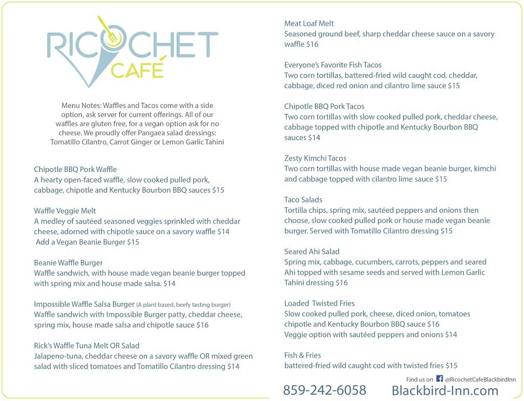 Ricochet Café | restaurant | Blackbird Inn, 276 Lower Main St, Clio, CA 96106, USA | 8592426058 OR +1 859-242-6058