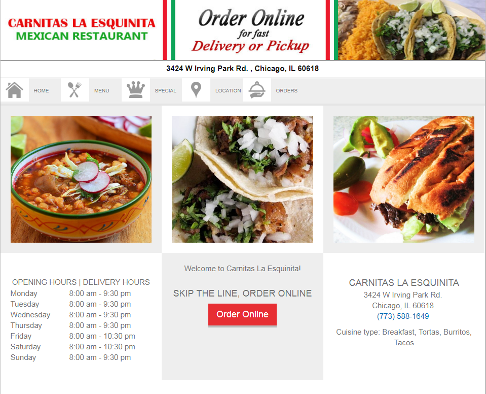 CARNITAS LA ESQUNITA | restaurant | 3424 W Irving Park Rd, Chicago, IL 60618, USA | 7735881649 OR +1 773-588-1649