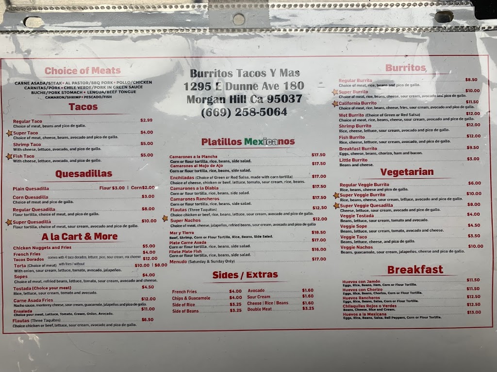 Burritos Tacos y Mas | restaurant | 1295 E Dunne Ave #180, Morgan Hill, CA 95037, USA | 6692585064 OR +1 669-258-5064