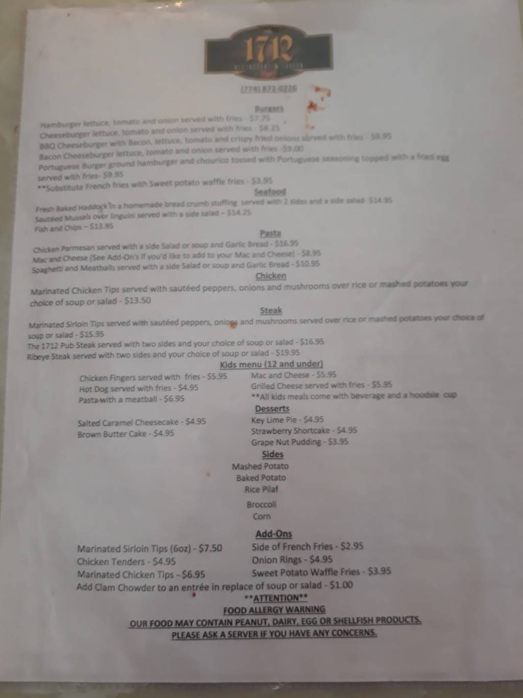 1712 Restaurant and Bar | restaurant | 1881 County St, Dighton, MA 02715, USA | 7748720226 OR +1 774-872-0226