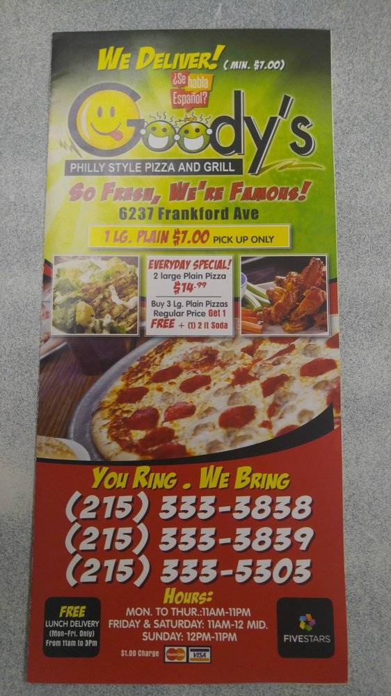 Goodys Pizza | restaurant | 6237 Frankford Ave, Philadelphia, PA 19135, USA | 2153333838 OR +1 215-333-3838