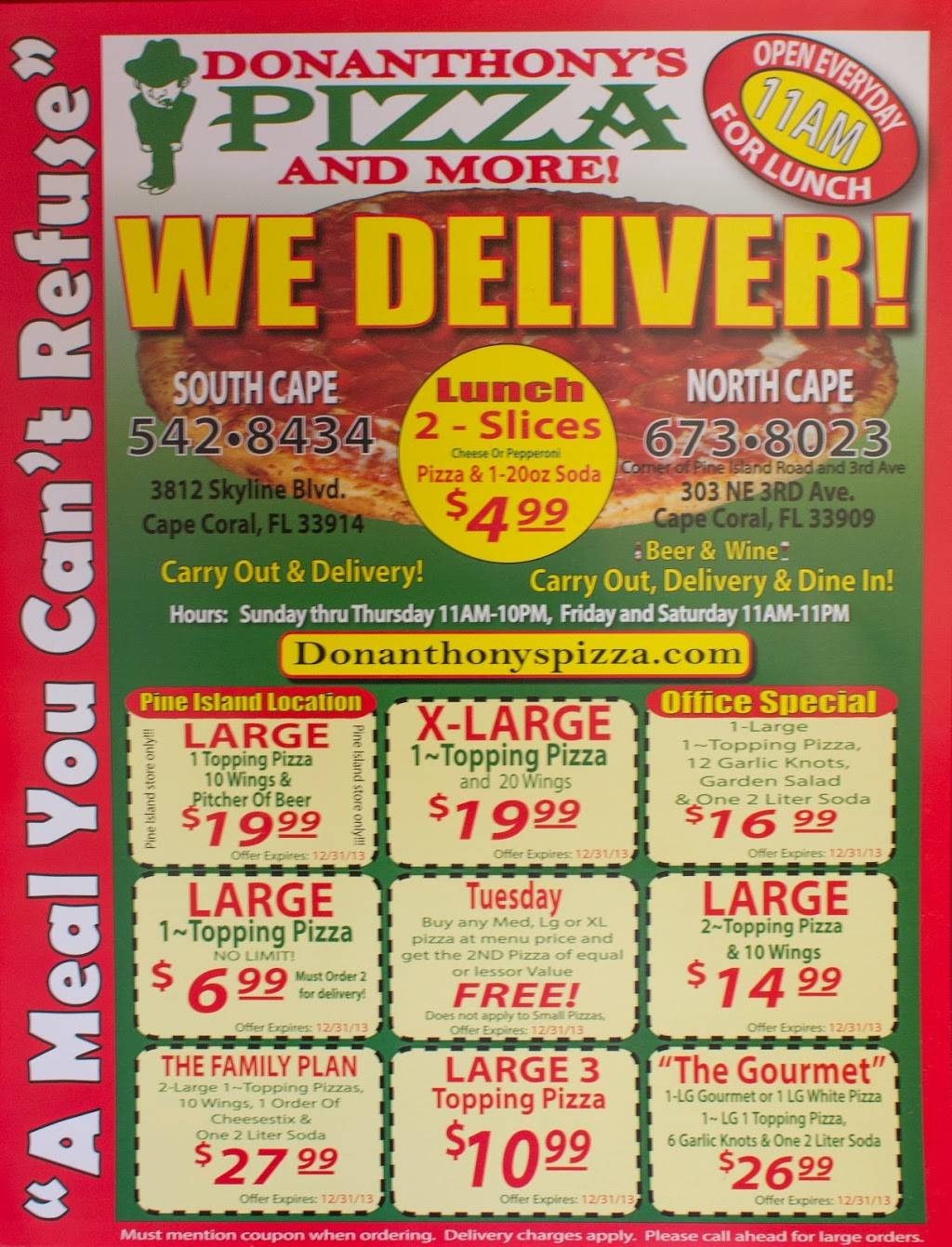 Don Anthonys Pizza and More | restaurant | 303 NE 3rd Ave, Cape Coral, FL 33909, USA | 2396738023 OR +1 239-673-8023