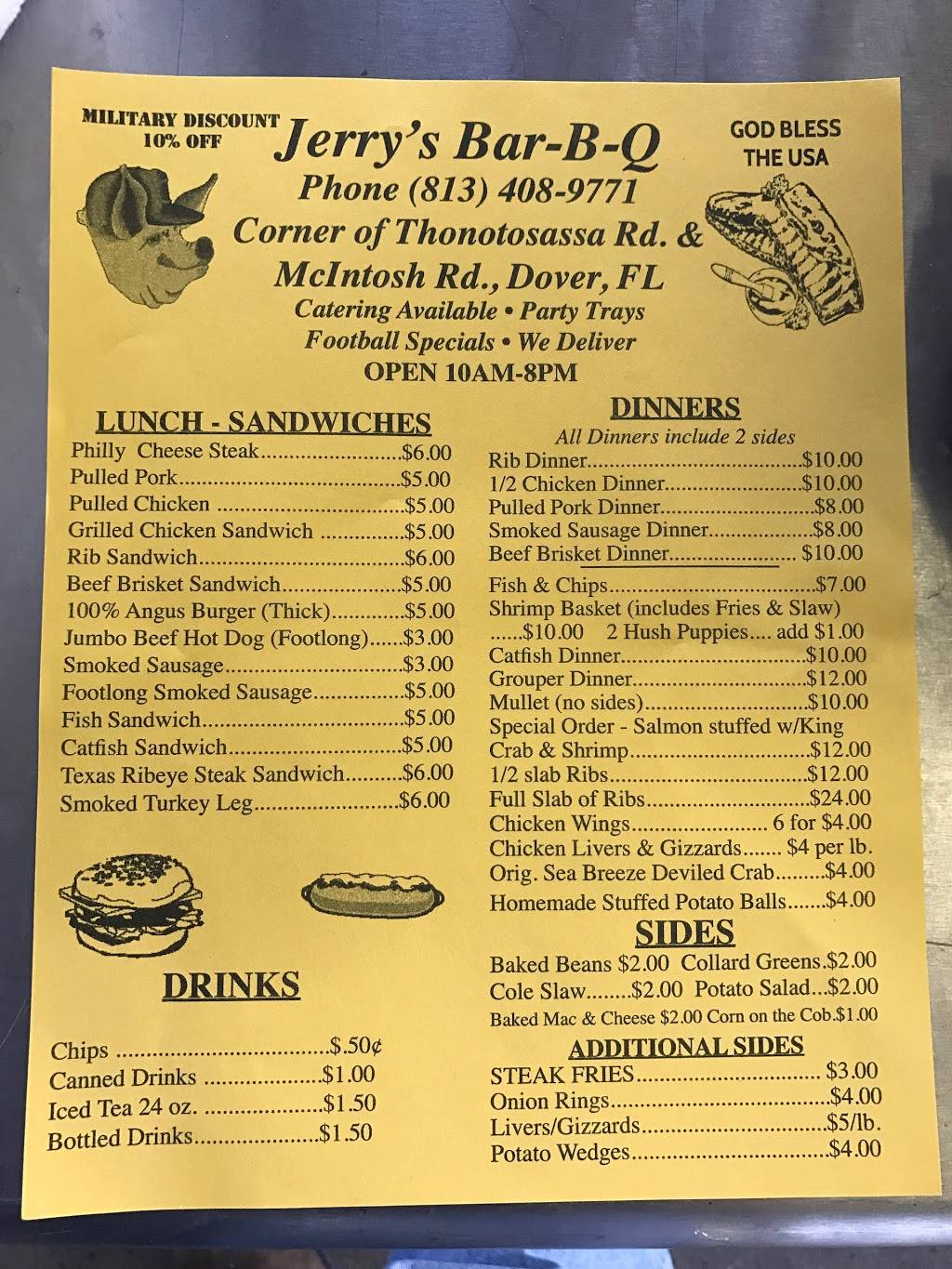 Jerrys Smokehouse BBQ | restaurant | 12801 Thonotosassa Rd, Dover, FL 33527, USA | 8134089771 OR +1 813-408-9771