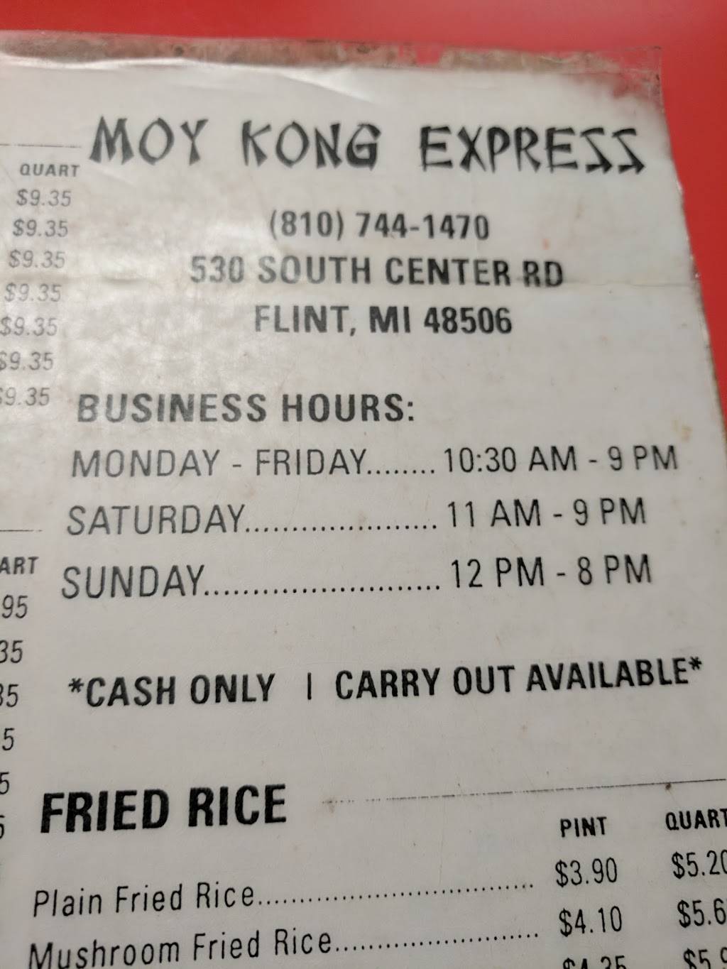 Moy Kong Express | restaurant | 510 Center Rd, Flint, MI 48506, USA | 8107441470 OR +1 810-744-1470