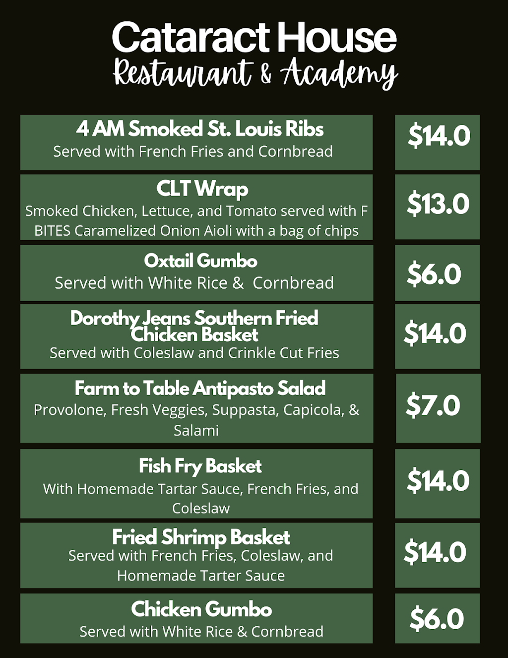 F BITES Cataract House Restaurant & Academy | restaurant | 310 Rainbow Blvd Suite #104, Niagara Falls, NY 14303, USA | 7162991002 OR +1 716-299-1002