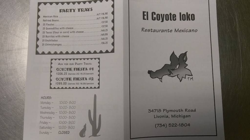 El Coyote Loko | restaurant | 34718 Plymouth Rd, Livonia, MI 48150, USA | 7345221804 OR +1 734-522-1804