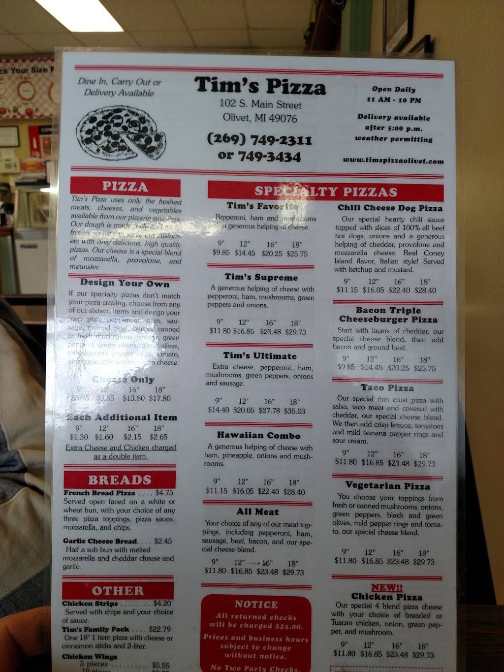 Tims Pizza | restaurant | 102 S Main St, Olivet, MI 49076, USA | 2697492311 OR +1 269-749-2311