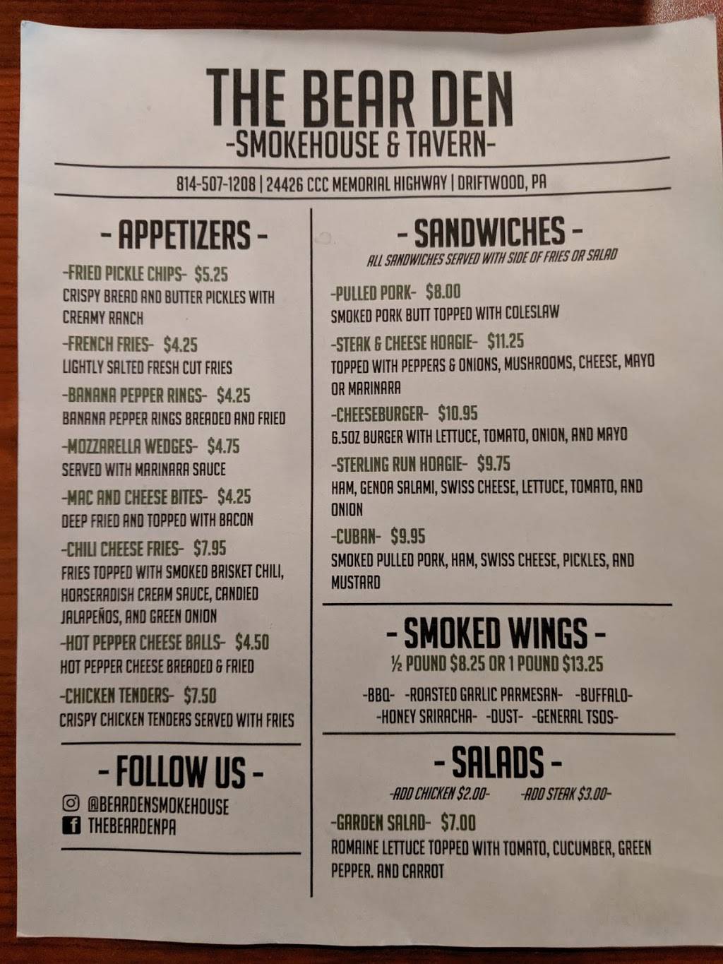 Bear Den LLC | restaurant | 24426 C, Driftwood, PA 15832, USA | 8145071208 OR +1 814-507-1208