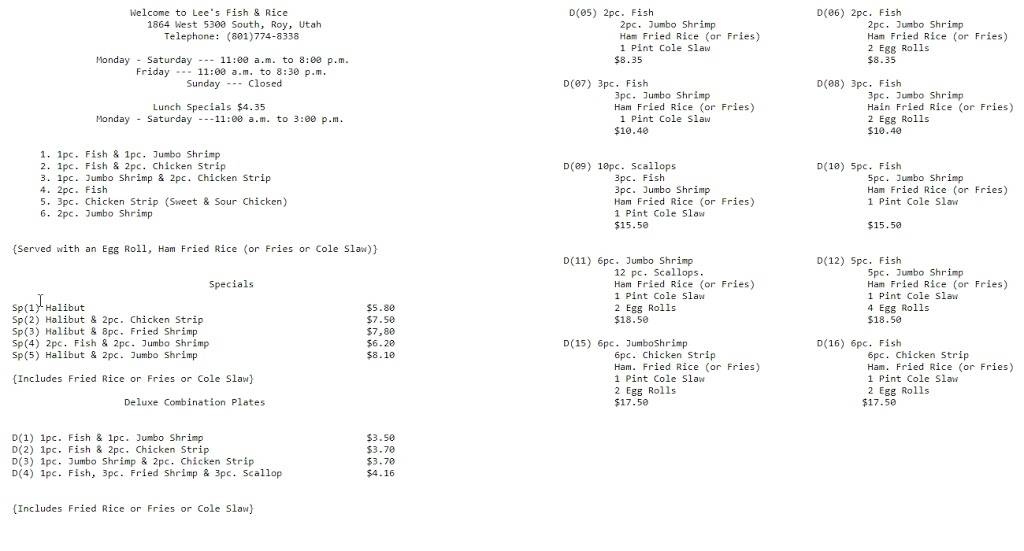 Lees Fish & Rice | restaurant | 1864 W 5300 S #2915, Roy, UT 84067, USA | 8017748338 OR +1 801-774-8338