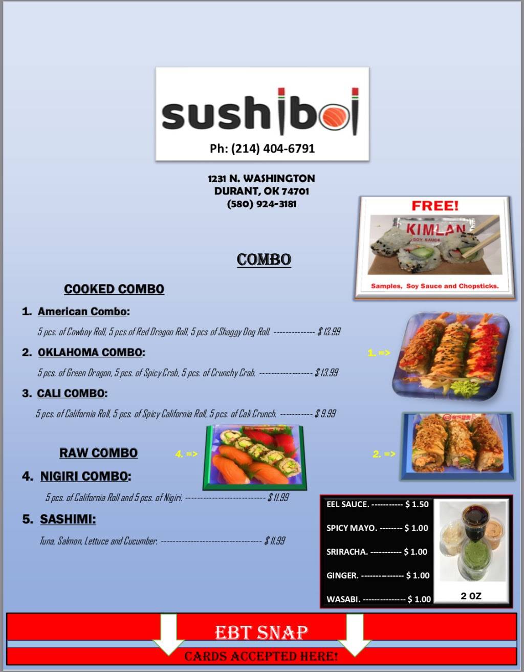 Sushiboi | restaurant | 1231 N Washington Ave, Durant, OK 74701, USA | 4696718846 OR +1 469-671-8846