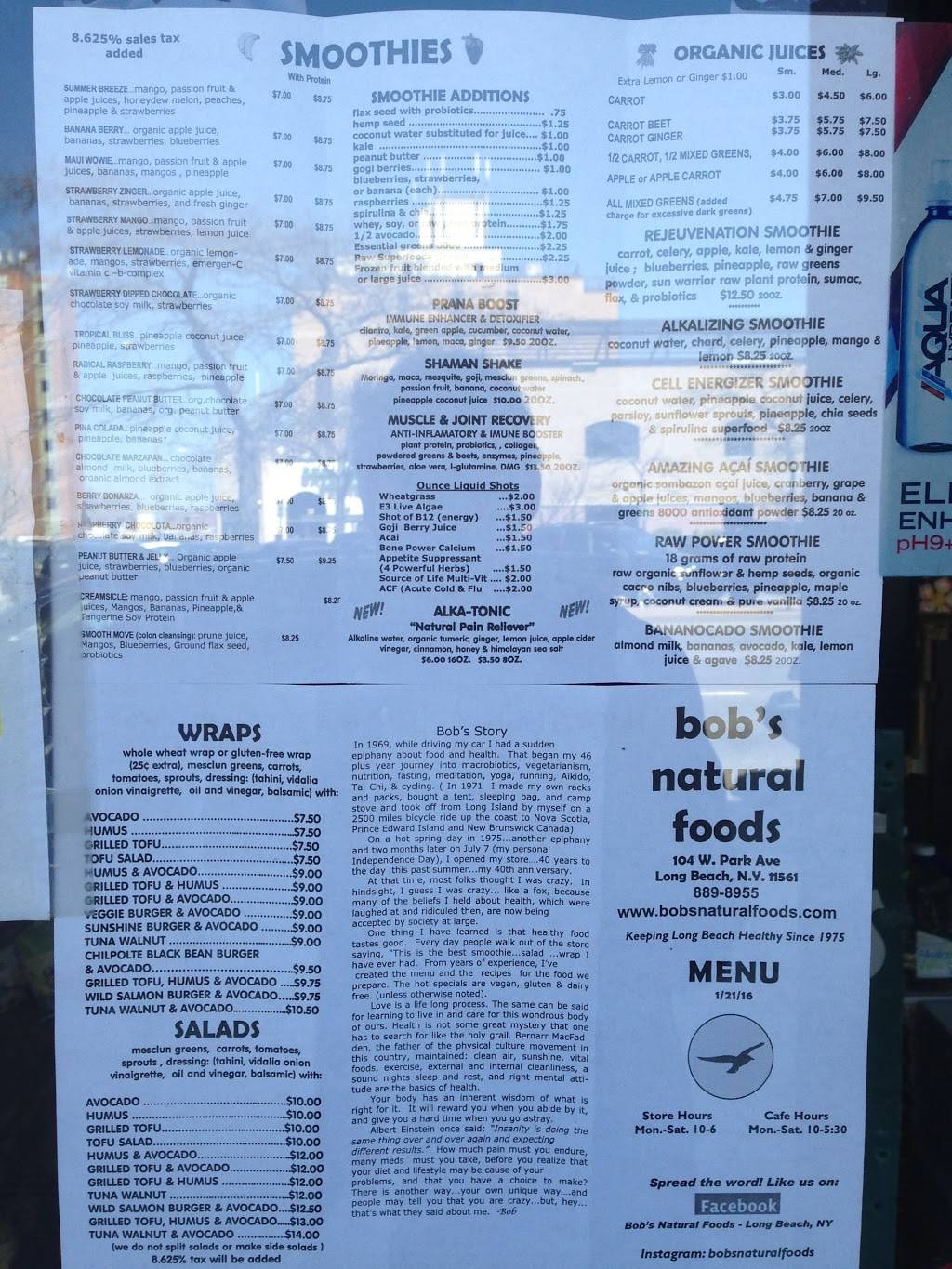 Bobs Natural Foods | restaurant | 104 W Park Ave, Long Beach, NY 11561, USA | 5168898955 OR +1 516-889-8955