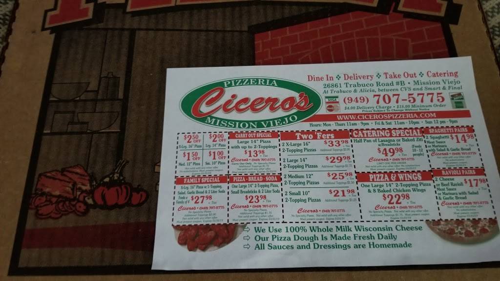 Ciceros Pizzeria | restaurant | 26861 Trabuco Rd #B, Mission Viejo, CA 92691, USA | 9497075775 OR +1 949-707-5775